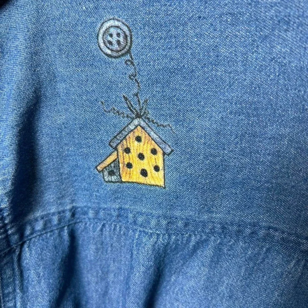 Vtg Denim Novelty cottage Shirt Sz small Teddy bear Collar - Picture 5 of 6